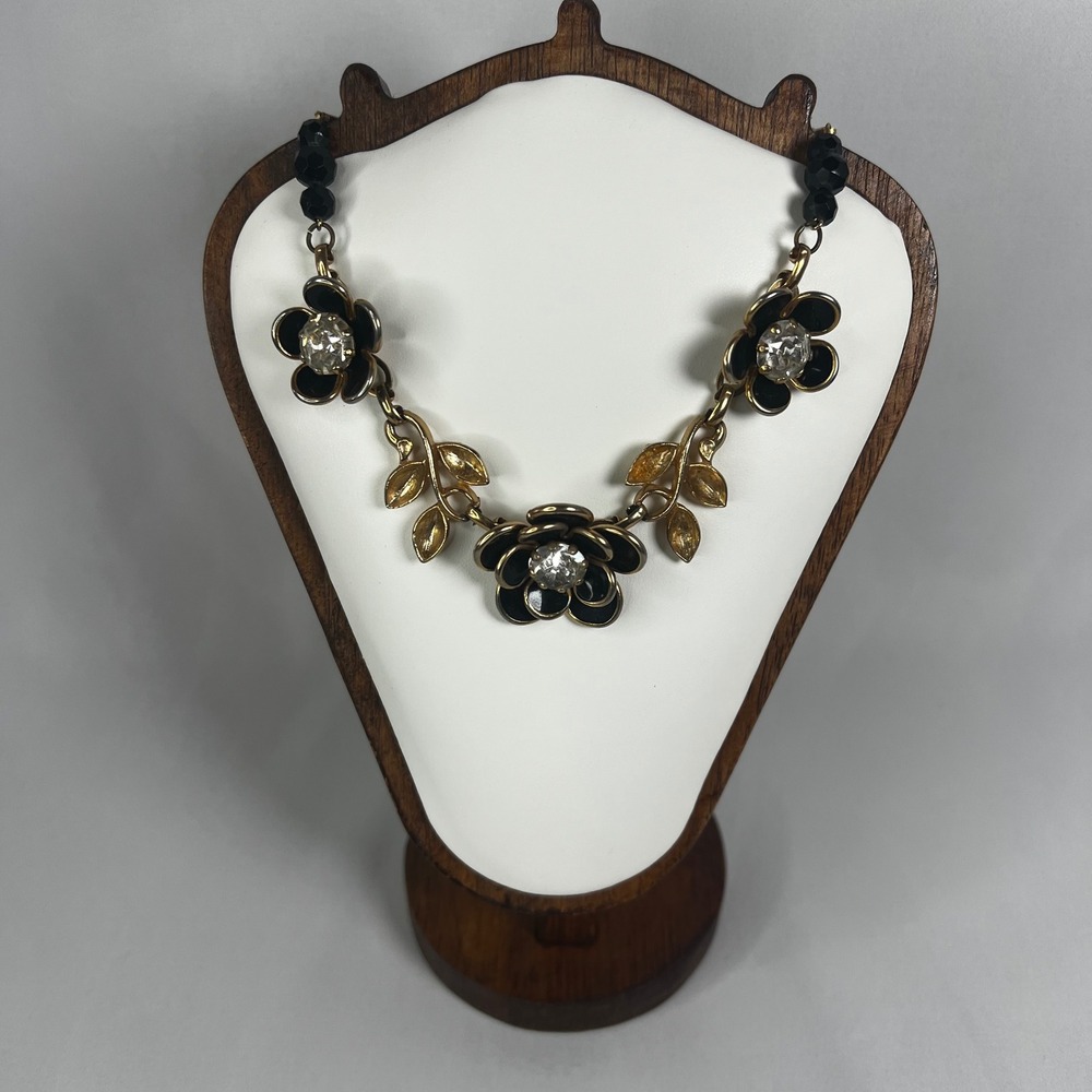 Vintage Gold‎ Tone Black Flower Necklace Crystal Inset 17" Statement Costume